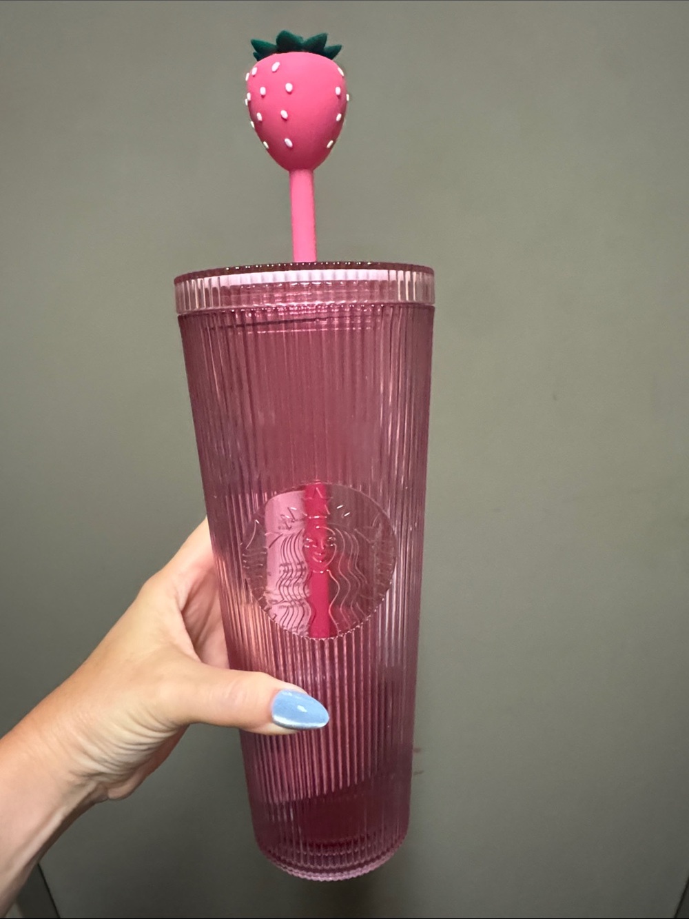 Starbucks plastic ribbed Pink Strawberry Tall Tumbler with Strawberry Topper